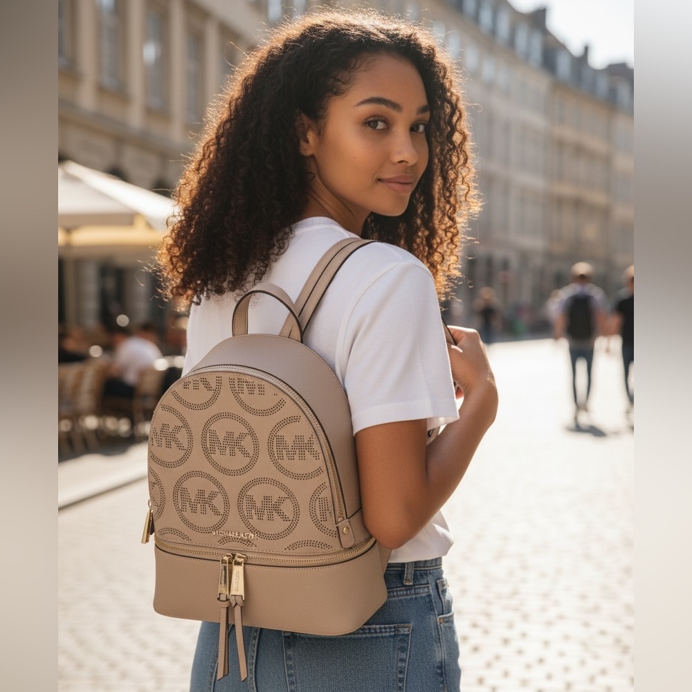 Michael Kors Rhea Backpack Pearl Grey Leather Medium MK Logo